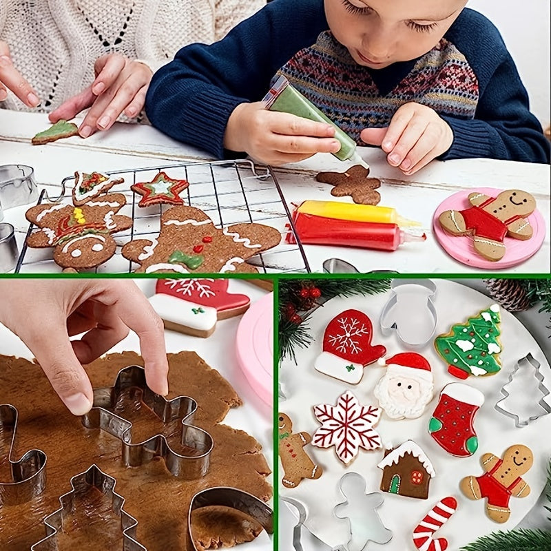 Set of 6 Christmas-themed stainless steel cookie cutters, ideal for making pastries and biscuits. Includes a variety of shapes for holiday baking. Perfect addition to any kitchen tool collection.