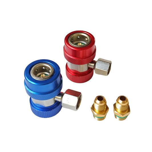 Set of 2 R134a Adjustable Quick Connect Adapters for Car AC System, including High and Low Pressure Connectors. Compatible with Manifold, Diagnostic Testing, Recovery, and Maintenance.