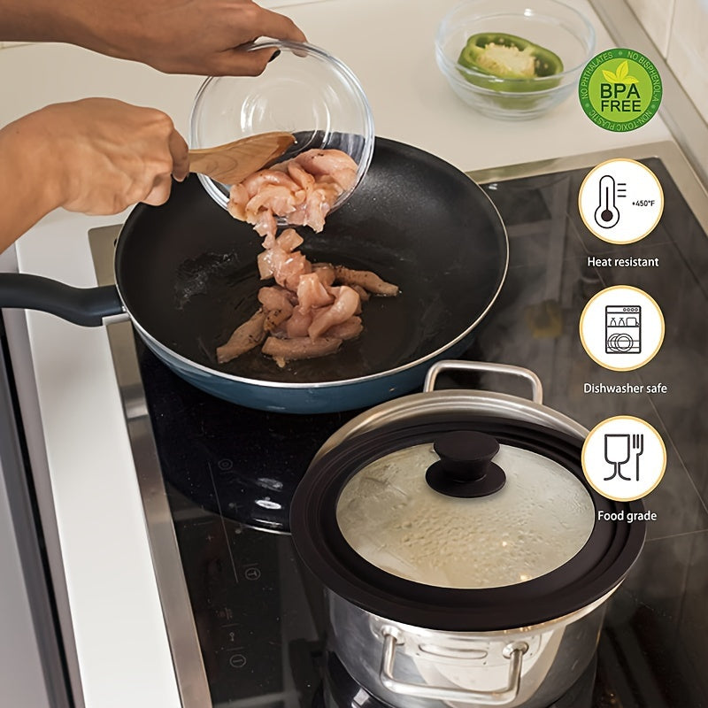 This universal pot lid is suitable for use with pots, pans, and skillets. It features a heat-resistant silicone rim and tempered glass, and can fit cookware diameters ranging from 15.24cm to 33.02cm. The lid is dishwasher safe and made without BPA.