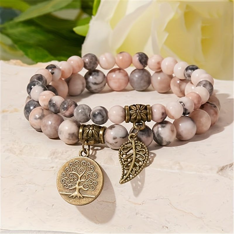 Set of 2 Natural Pink Zebra Jasper Bead Bracelets for Women - Featuring Tree of Life and Leaf Charm Energy Reiki Crystals - Stretch Design