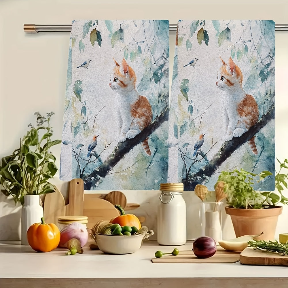 Set of 2 Ultra Soft Kitchen Towels featuring a Charming Kitten & Birds Design. Made of Highly Absorbent Polyester, these Dish Hand Towels are Machine Washable and Ideal for Holiday Decor. Each towel measures 40.64x60.96 cm.