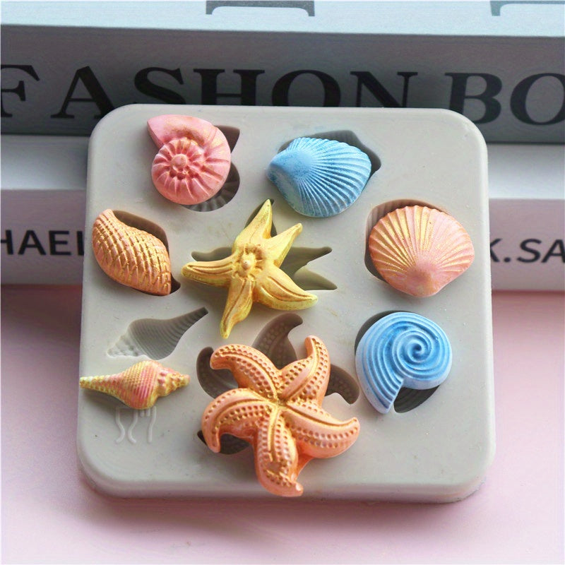 Silicone Mold Set for Chocolate and Fondant Featuring Ocean Designs - Starfish, Seashells, and Conch - Perfect for DIY Cake Decorating and Crafting with Vibrant Sea Life Patterns