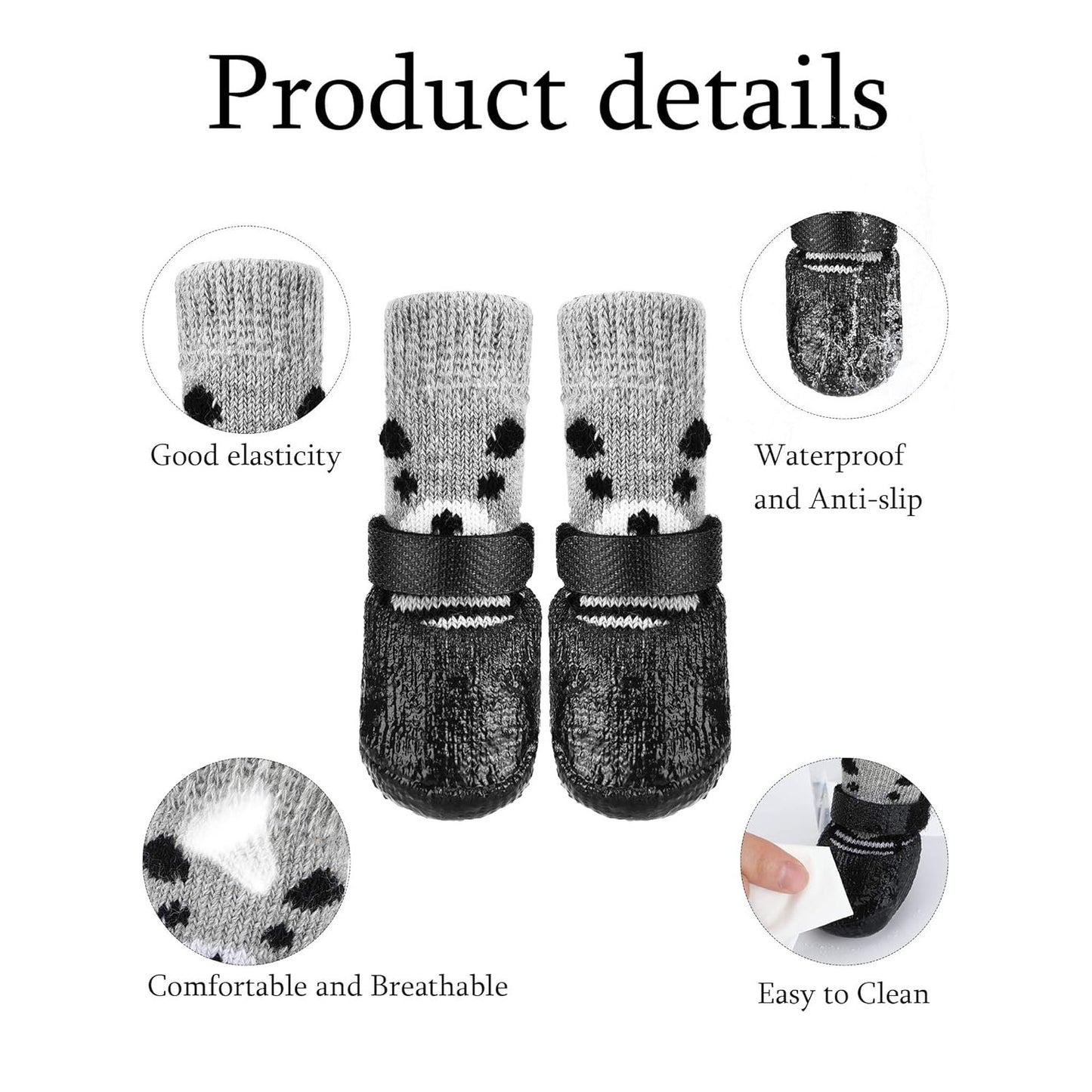 Waterproof dog socks with anti-slip rubber sole for all size pets, adjustable strap, durable polyester material. Perfect for outdoor use on hardwood floors. Reflective dog boots for safety.