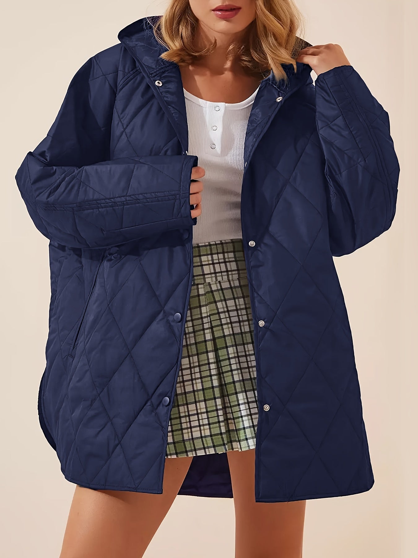 Quilted plain hooded jacket coat for women, perfect for fall & winter. Casual, long sleeve and warm outerwear.