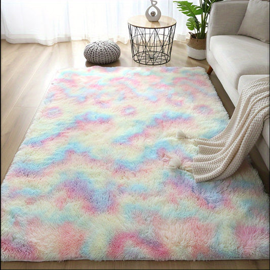 Soft and cozy tie-dye rainbow mat made of luxurious plush 100% polyester fabric. This beautiful mat features soft pastel colors and is perfect for adding comfort and style to your bedroom or living room. Hand wash only. Ideal for home decor and creating