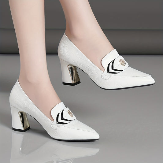 Women's trendy solid color shoes with rhinestone buckle, chunky heel and lightweight design. Ideal for daily wear.