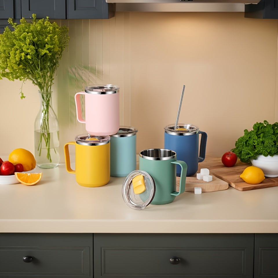 Colorful insulated coffee mugs with handles, lids, and double-wall vacuum design - perfect for office, outdoor, and school use.