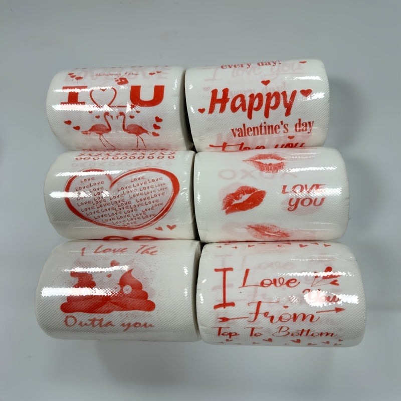 Each pack contains 2 rolls of whimsical and creative printed toilet paper, featuring a fun mix of birthday, wedding, and Valentine's Day themes. There are 6 unique combinations to choose from, including flamingos, XOXO, Cupid, red lips, hot kisses, LOVE