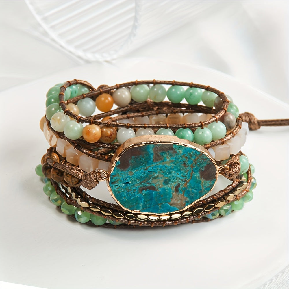 Wrap yourself in Bohemian vacation vibes with this natural stone wrap bracelet. Featuring multiple layers of beaded woven cord, this accessory is perfect for summer days and special gift occasions. Embrace the Thanksgiving holiday theme with this piece