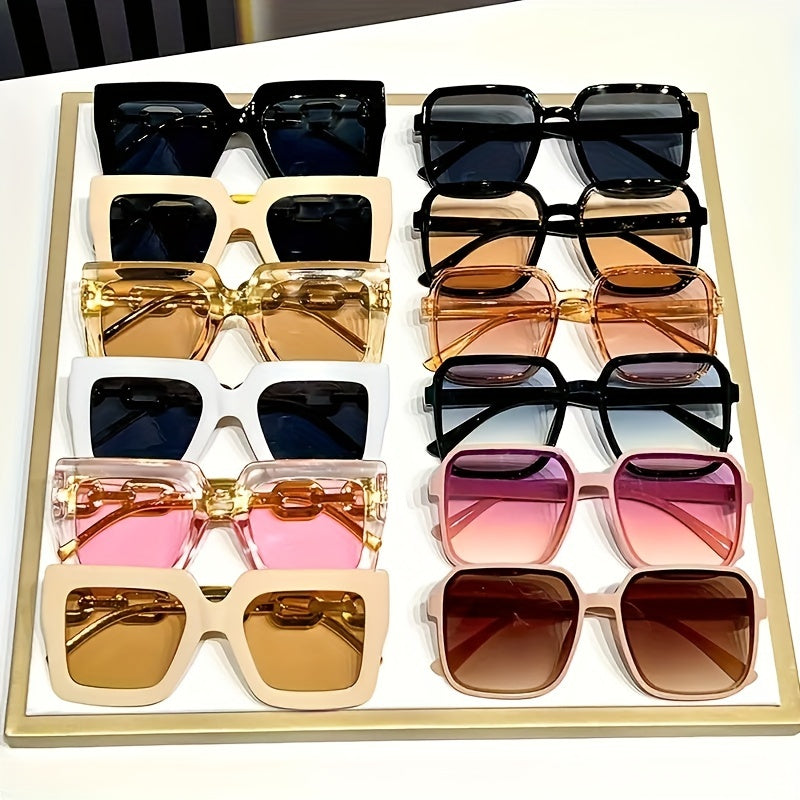 12 pairs of personalized golden-plated chain temple glasses, 6 pairs of large square frame dopamine color matching glasses, and a total of 12 pairs of glasses in the set.