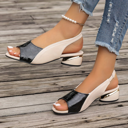 Chunky heel sandals with open toe, ankle strap, and slingback design.