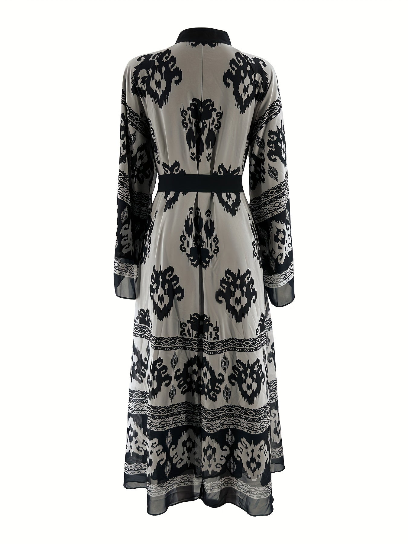 Allover print belted maxi dress with crew neck, bell sleeves, and pleats for spring & fall. Women's clothing.