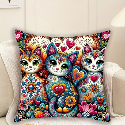 Bohemian style cat & floral print pillow case, 44.96cm x 44.96cm, with zip closure. Vibrant home decor accent, machine washable. Ideal for living room and bedroom.