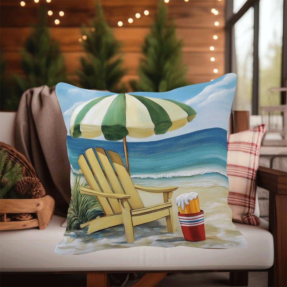 Flannel Beach Chair and Umbrella Pillowcase, Modern Summer Holiday Theme, 45.72x45.72cm in Size, Zippered Square Cushion Cover for Sofa, Bedroom, Living Room, Car - Machine Washable, All-Season Comfort, Perfect for Back Sleepers.