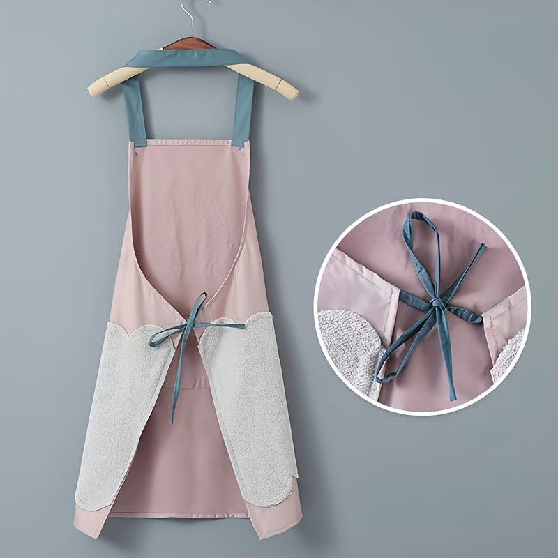 Waterproof, oil-resistant kitchen apron made of durable PVC material with hand wipe pocket. Ideal for cooking, gardening, and household use in the living room. No battery required.