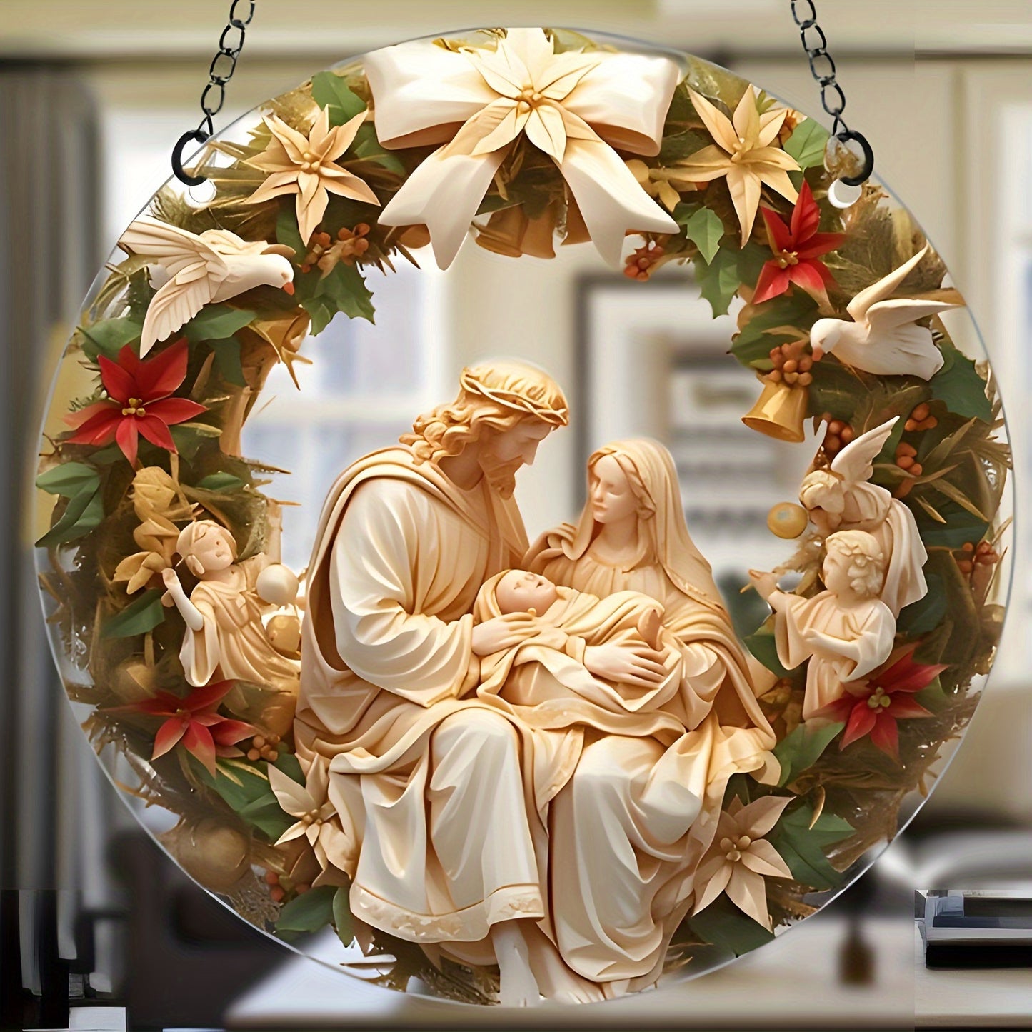 Waterproof, transparent acrylic Holy Family Nativity Scene for hanging in home or garden. Ideal for Christmas, Valentine's Day, and year-round display. Perfect Christmas decor.