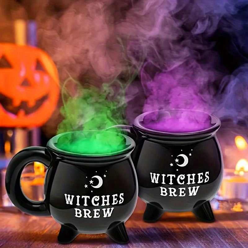 Large Halloween-themed soup pot made of ceramic with a lid, perfect for storing candy and cookies. This magic witch's potion cup is a great addition to your kitchen and dining decor. It is food-safe and can be used for serving deliciously spooky treats.