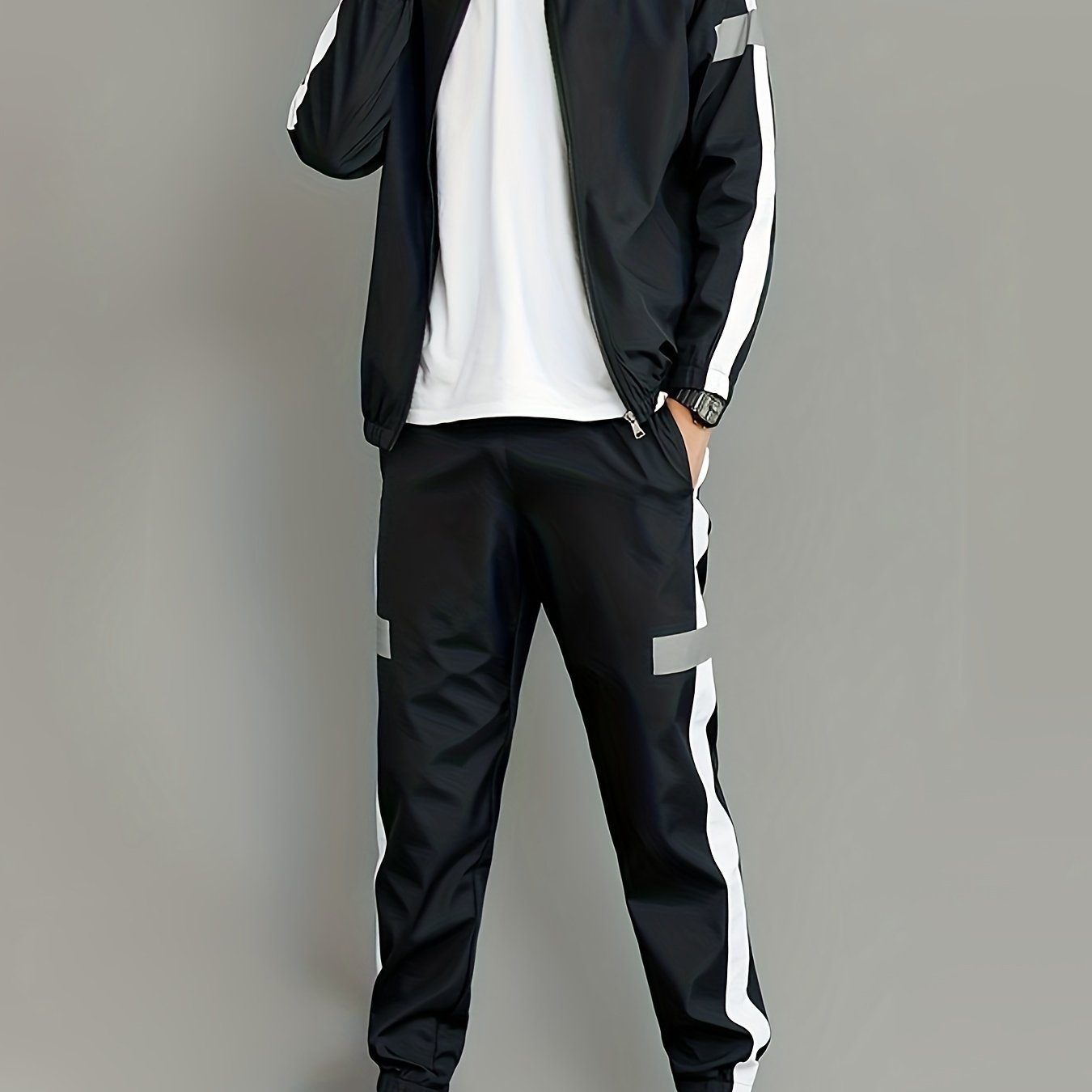 Men's spring and autumn sport suit with colorful collar, includes long sleeve top and pants.