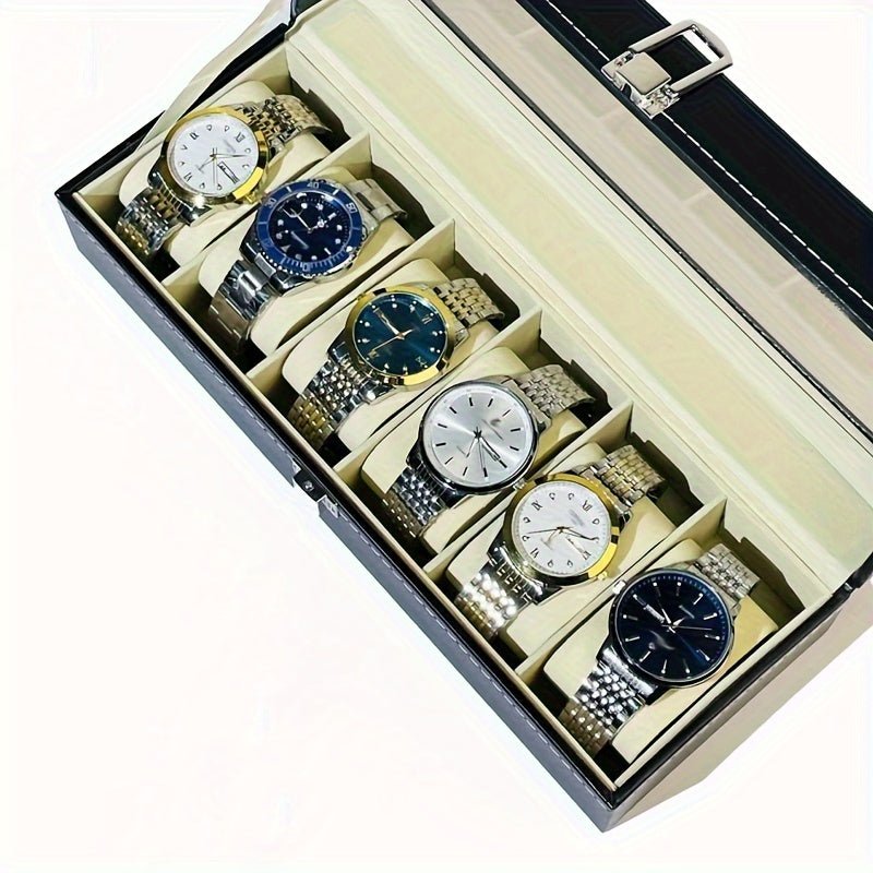 Large capacity watch storage box with 6 slots, perfect for both men and women. Ideal for storing mechanical and electronic watches.