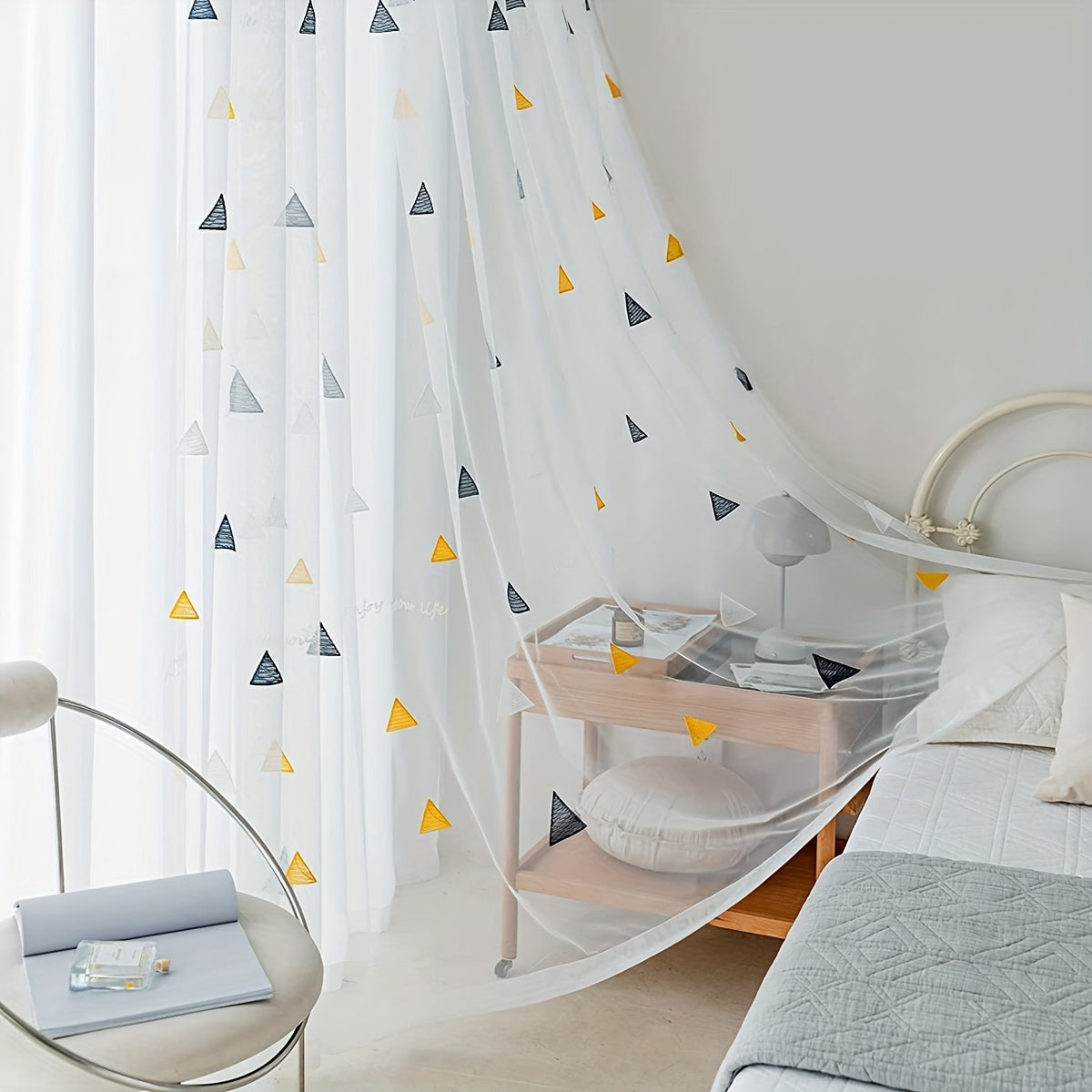 Modern geometric triangle sheer curtains in white polyester with an arts & crafts theme, suitable for girls room, living room, or bedroom. Machine washable, unlined, and featuring a decorative rod pocket embroidered panel.