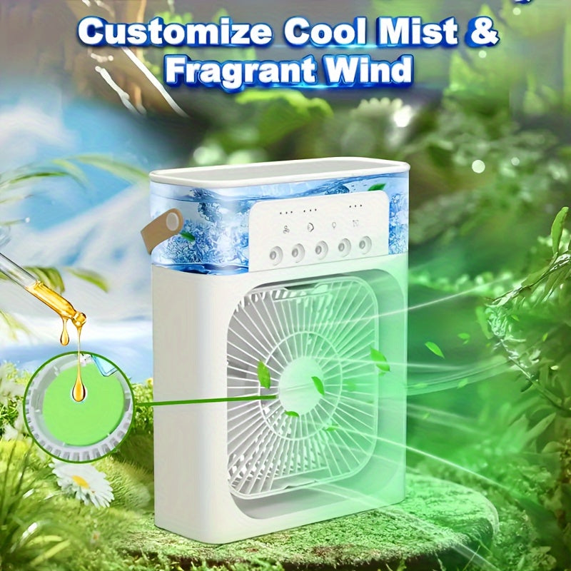 5-in-1 1200ML Desktop Electric Fan with Humidification and 5-Speed Air Conditioning. USB Type-C connectivity, suitable for home, office, gym, and on-the-go use.