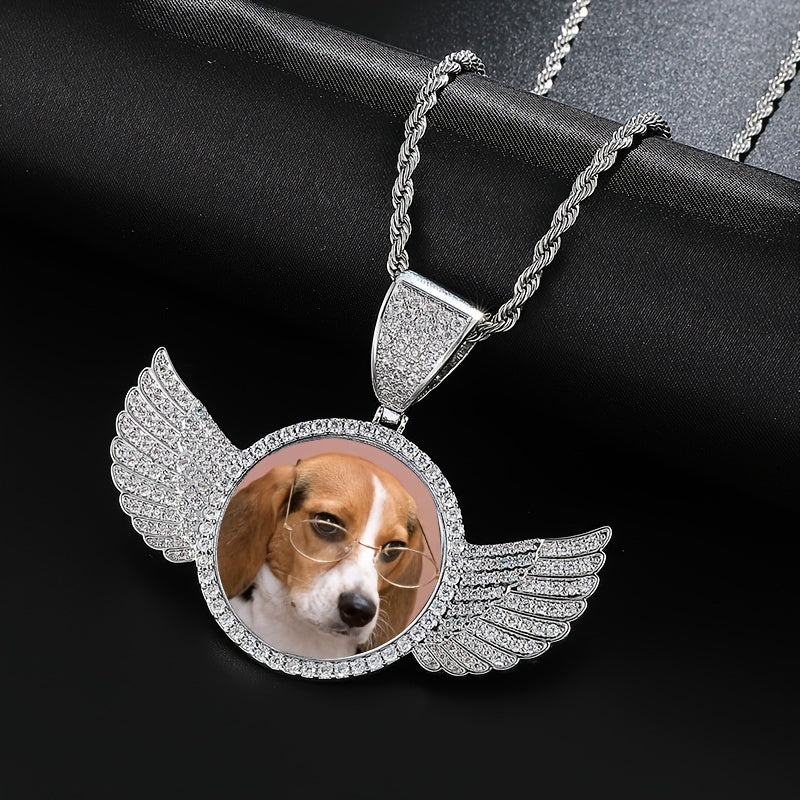 Customizable Photo Pendant Necklace in Hip Hop Style for Men and Women, featuring a Round Wing design in Gold Plated Zirconia for a fashionable look.