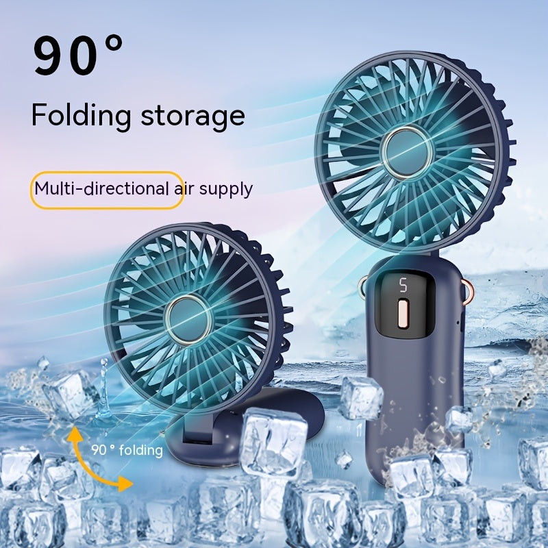 Rechargeable USB Handheld Fan with Quiet Operation and Foldable Neck Design, Ideal for Desk, Office, Bedroom, Outdoor Travel, Camping, and School. Features High-Velocity Cooling, 1200mAh Lithium Battery, Wearable Design, and Easy Button Control. Perfect