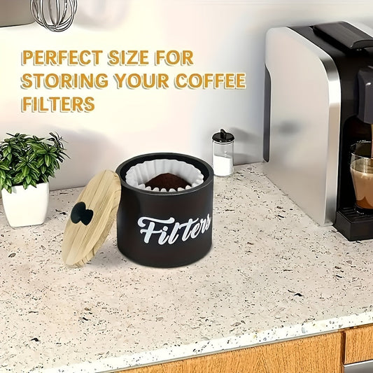 Farmhouse Style Wooden Coffee Filter Holder with Lid - The Perfect Countertop Storage Basket for Organizing Coffee Filters in Your Coffee Bar.