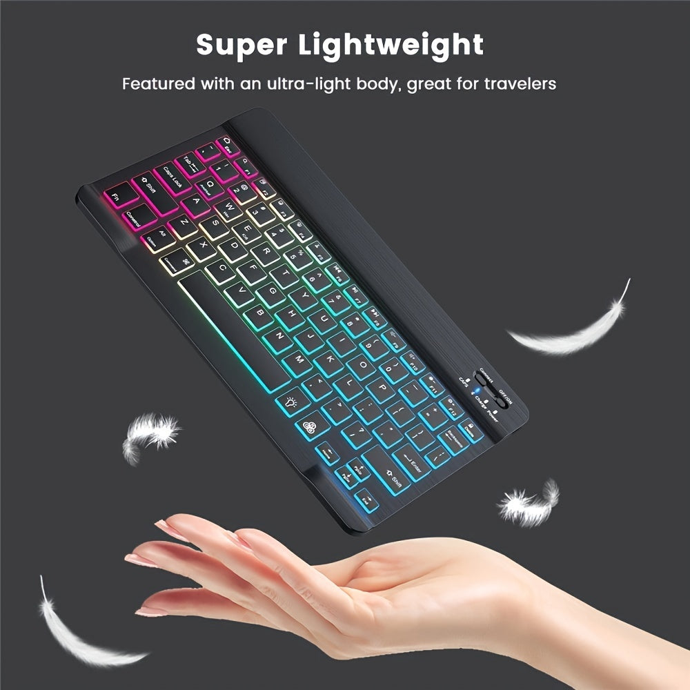 10-inch iPad and laptop backlit wireless keyboard and mouse combo with ergonomic design, portable, rechargeable, quiet keys, adjustable brightness, RGB lighting, Type-C charging, and