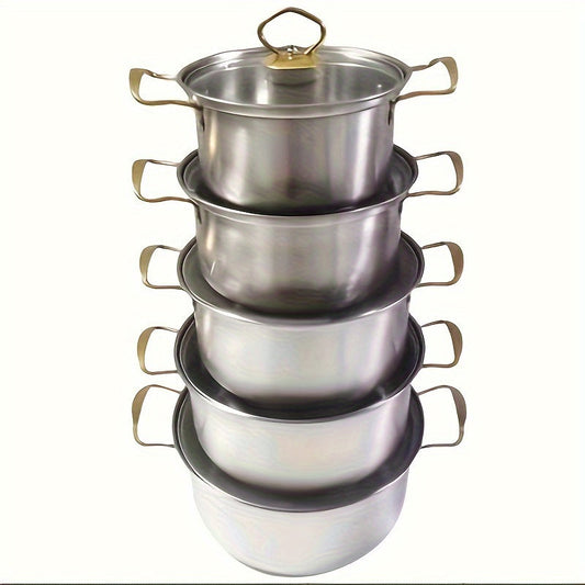 Complete Set of 10 Stainless Steel Soup Pots with Double Handles and Glass Lids - Perfect Cookware for Home and Restaurant Use, Induction Compatible for Versatile Cooking, Great for Stews, Noodles, and Outdoor Camping