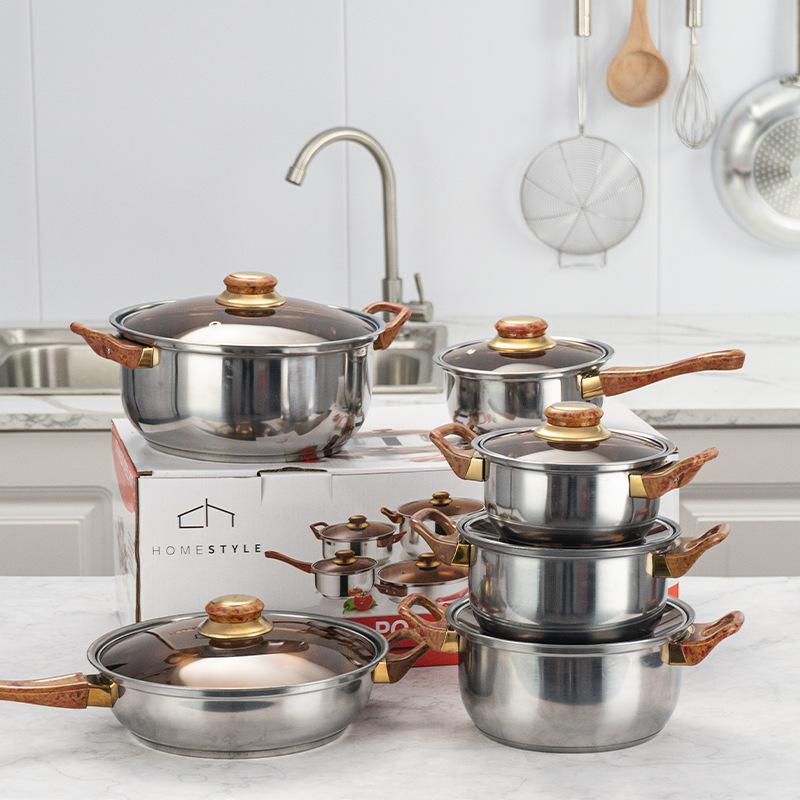 Cross Border Stainless Steel Cookware suit Gold 12PCS Cookware Gift Frying Pan Soup Pot Milk Pot Combination Pot suit