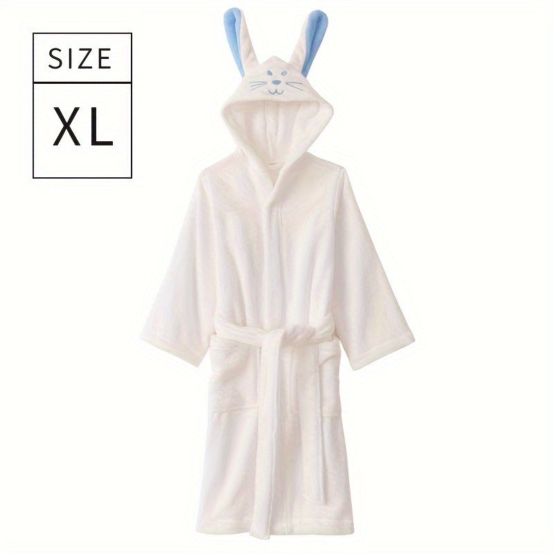 Children's bathrobe with cute rabbit face design, made of quick-drying absorbent cotton. Perfect for home or bathroom use.