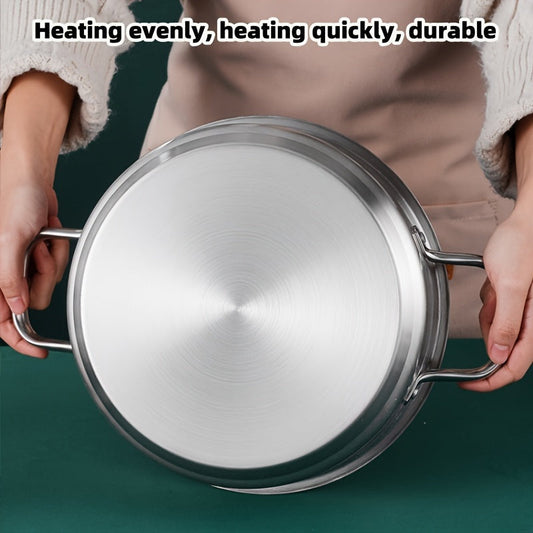 Ideal for making a variety of dishes, this 1-piece stainless steel soup pot features a lid and dual handles for easy and convenient use. Measuring at 10.03 inches, it is compatible with both induction cooktops and gas stoves. Perfect for preparing broth