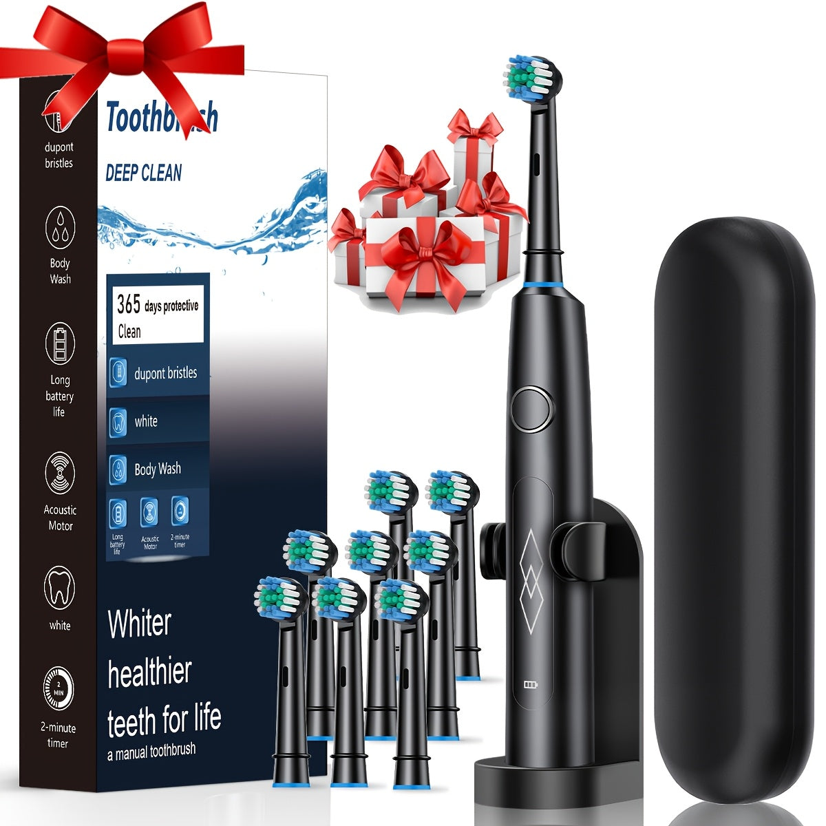 Black Sonic Electric Toothbrush with USB recharge, soft bristles, 600mAh battery, 5 modes, 4 brushes in gift box.