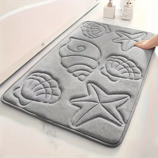 High-density 25D sponge bath mat with ultra-soft starfish and shell embossing, offering super absorbency and non-slip properties. Ideal for bathtubs, showers, and home decor. This bath accessory features high-frequency embossing for a touch of elegance