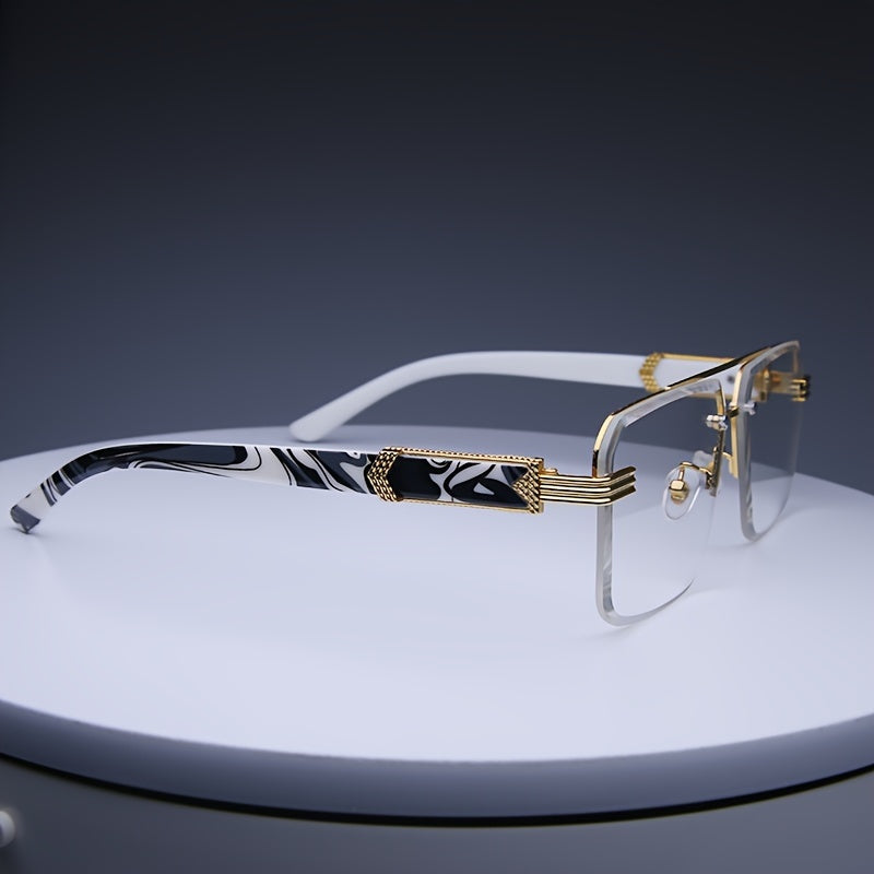 Men's fashion glasses with retro design, diamond cut edges, marble wood accents, ideal for activities, with rectangular rimless design.