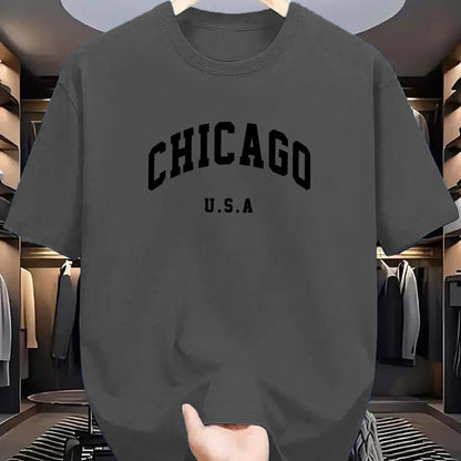 Chicago USA print men's t-shirt made of 100% polyester knit fabric. Features a casual crew neck tee with slight stretch, regular fit, and geometric pattern. Comfortable, elastic, and ideal