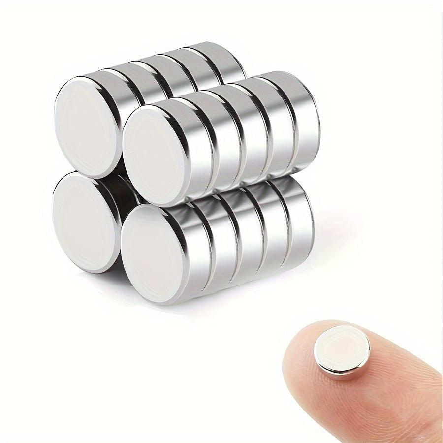 20 small round disc magnets, 8x2mm, made of sturdy metal with a premium brushed nickel finish for office, kitchen, and tool use.