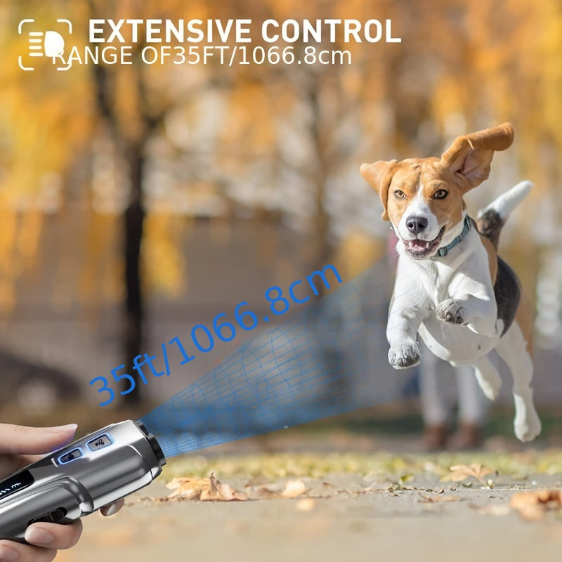 Powerful dog repeller with LED flashlight, rechargeable via USB for effective bark control.