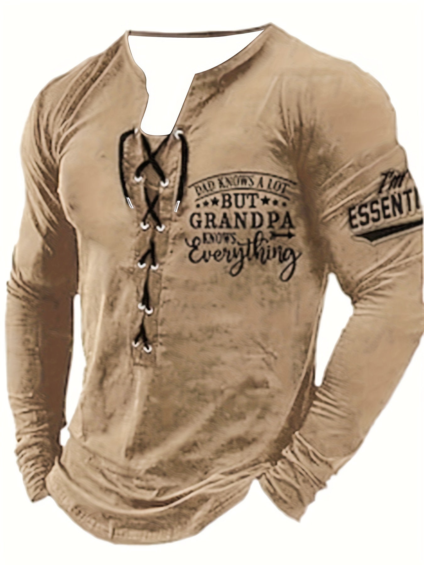 Stylish men's Henley shirt with letter print, drawstring, perfect for Spring and Fall. Great gift for Father's Day.