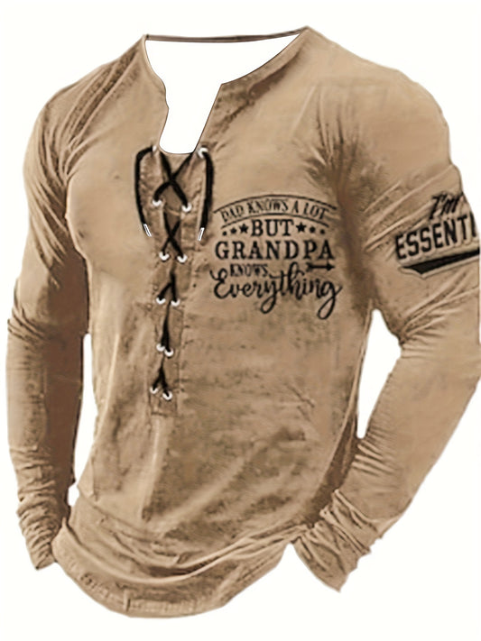 Stylish men's Henley shirt with letter print, drawstring, perfect for Spring and Fall. Great gift for Father's Day.