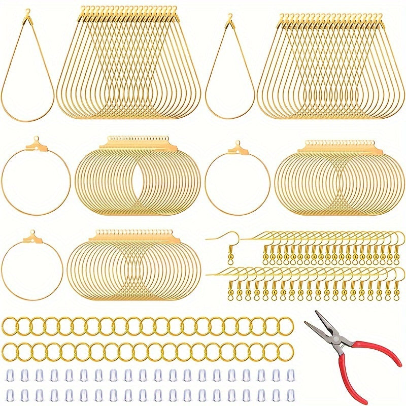 This listing includes a set of 400 earring making kits, featuring 100 earring hooks, 100 open jump rings, 100 earring backs, 100 teardrop and round beads, and circular earring supplies in silvery color. With pliers included as a gift, this set is perfect