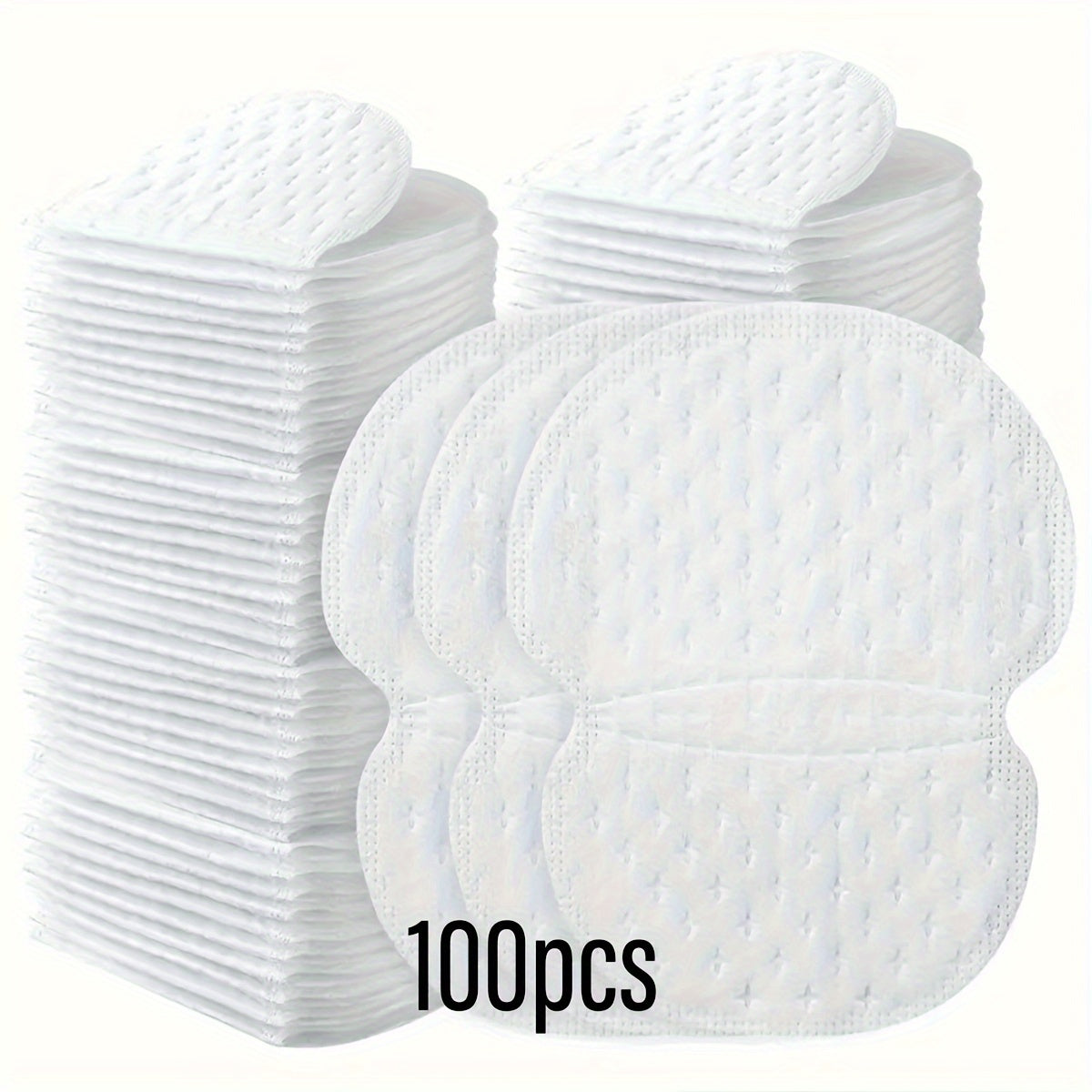 Disposable armpit sweat absorbing pads available in packs of 20, 50, and 100. Provides comfortable and strong sweat absorption.