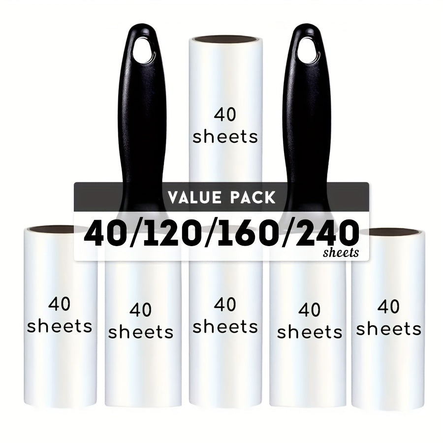 Lint roller refills with extra stickiness, ideal for removing pet hair from furniture and clothes. Available in 40, 120, 160, or 240 sheets. Easy tear-off design for convenient use. Perfect