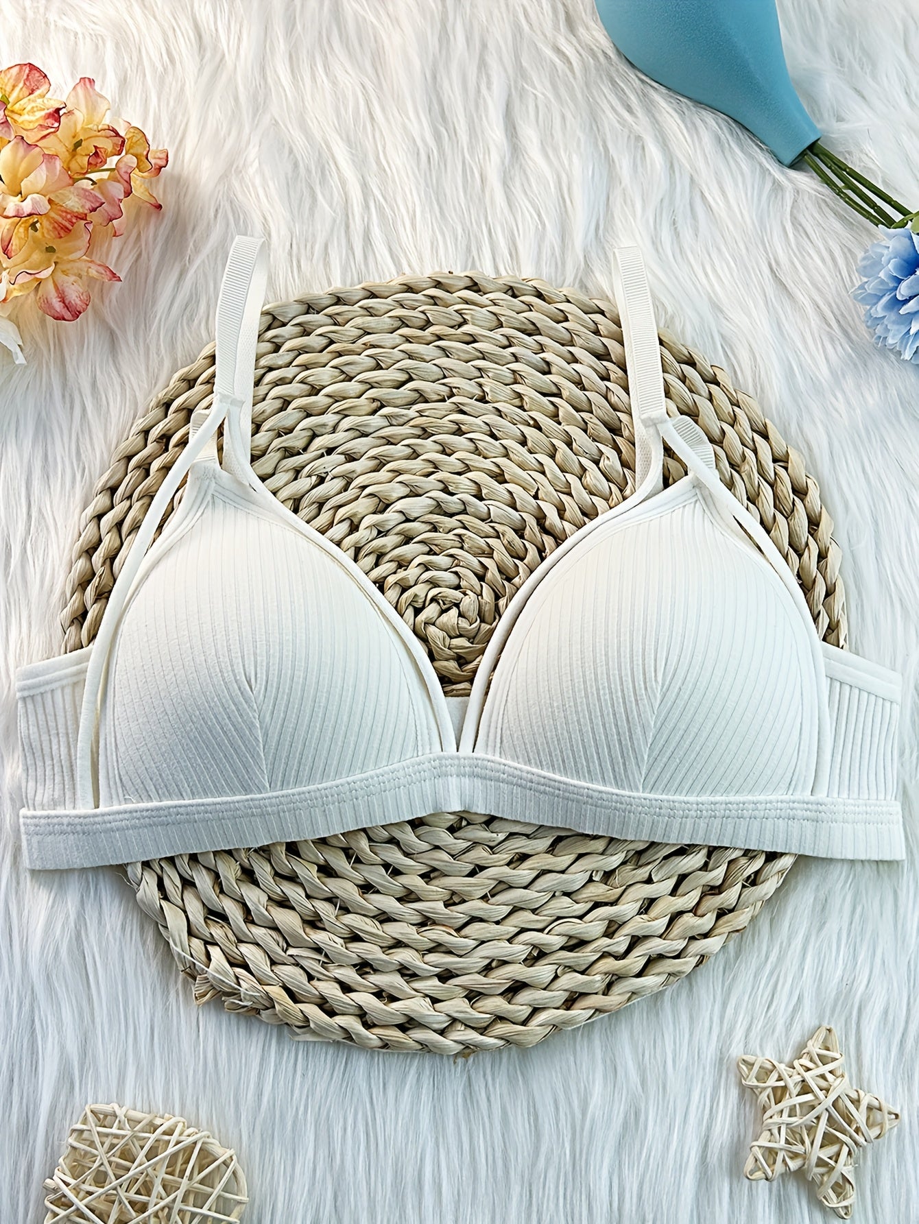 Women's bralettes: 3 elegant solid color pieces with adjustable straps and ribbed texture. Comfortable wireless design, machine washable. Perfect for casual wear.