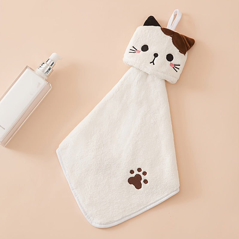 Soft coral fleece hand towel embroidered with a cat design - cute and absorbent for kitchen and bathroom use.