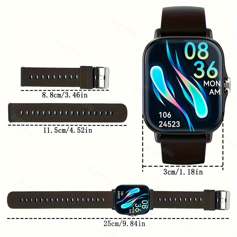 Wireless smartwatch with sports modes, call reminders, message notifications, app alerts, customizable wallpaper, and compatibility with iPhone and Android.