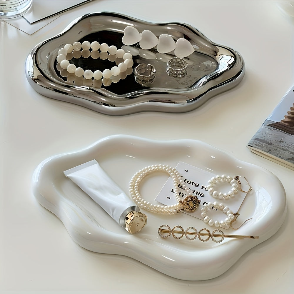 Chic White Ceramic Tray with Gold Accents - Stunning Jewelry & Perfume Display, Perfect for Home, Office, or Mother's Day Gift