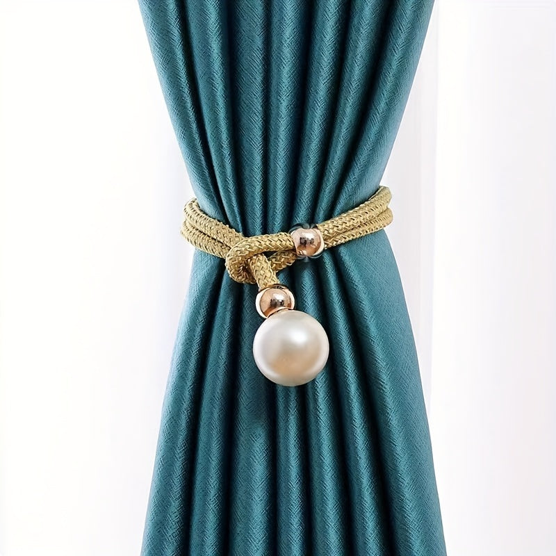 Set of 2 French Curtain Straps Featuring Faux Pearl Decor, Perfect for Home Decoration. Use these Faux Beads Curtain Straps to Adjust, Bind, or Tie Back Your Curtains. These Simple Binding Rope Accessories serve as Curtain Holdbacks for a stylish touch.