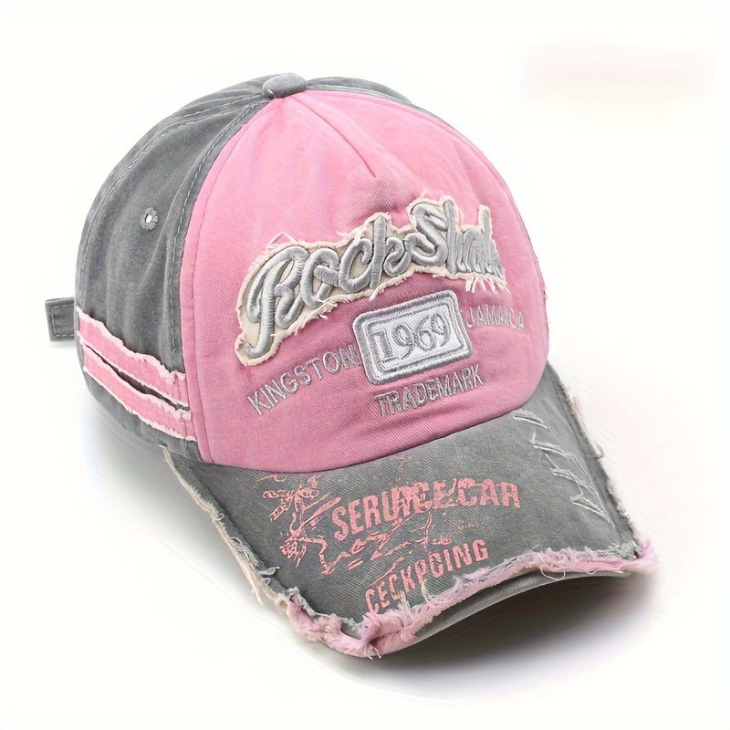 Vintage distressed 1969 embroidered baseball cap with frayed edges, adjustable strap for men and women.